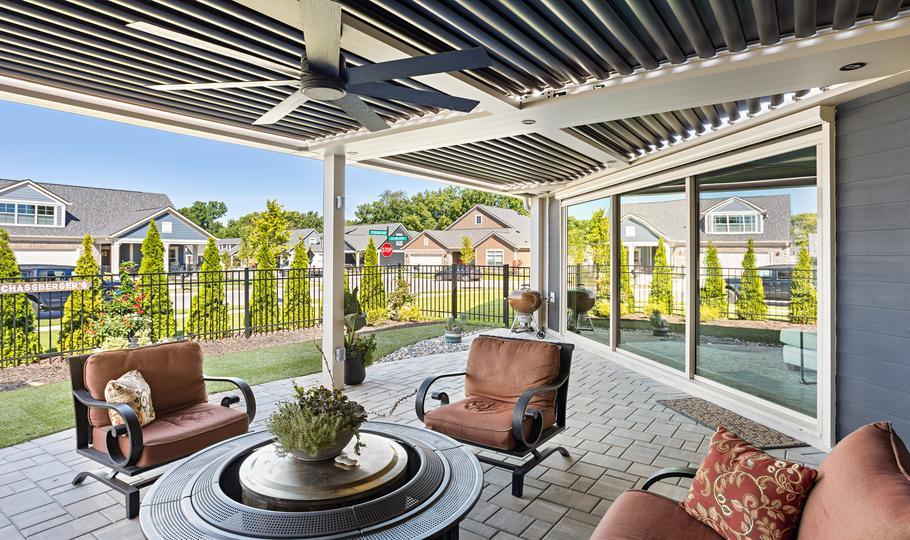 Underneath White Pergola X with black louvers