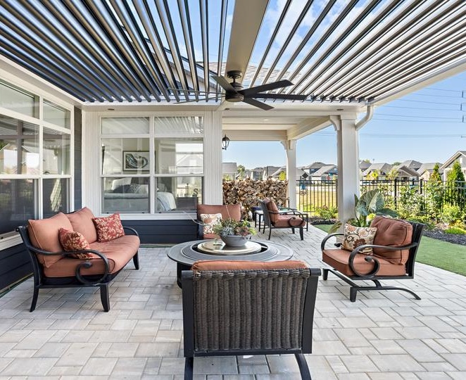 White Pergola X with black louvers