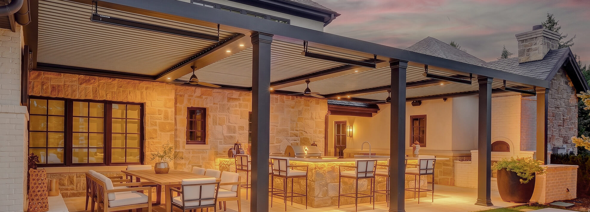 Beautiful Pergola X with integrated lights at dusk
