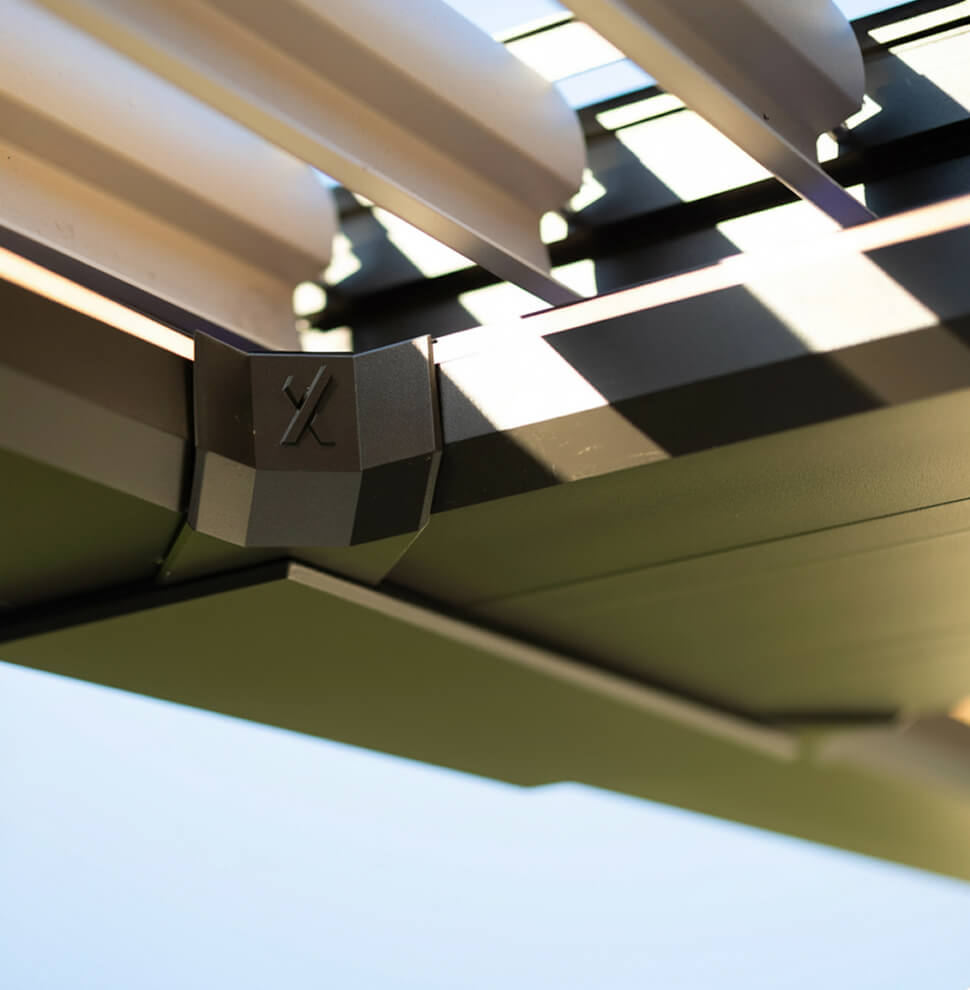 Detail of a Pergola with StruXure logo and open louvers