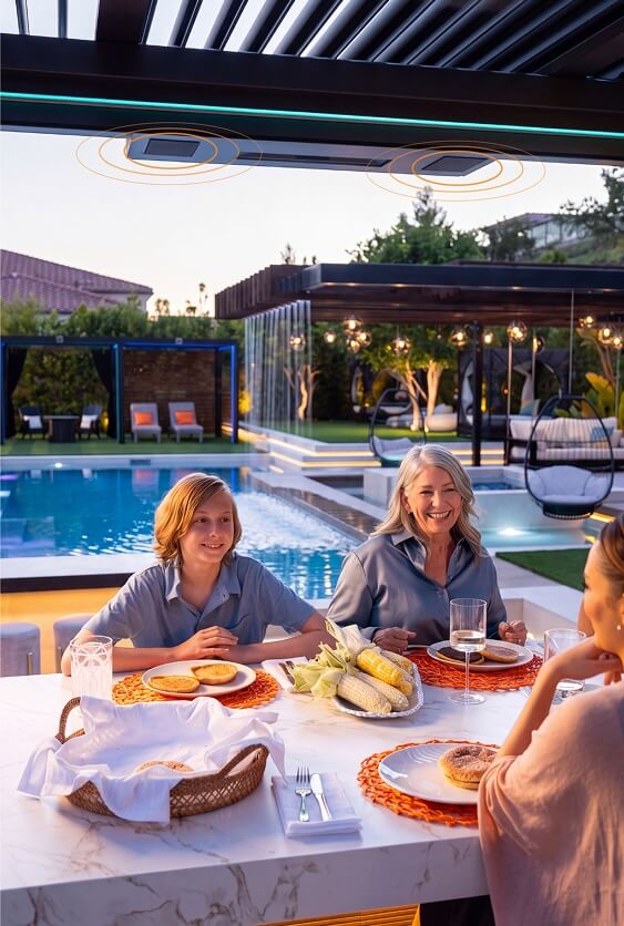 Family enjoying meal under a pergola