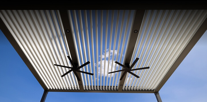 Under view of white Pergola X with integrated fans