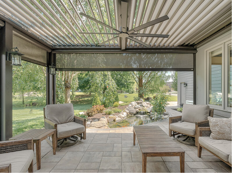 Outdoor sitting area with screens and fans