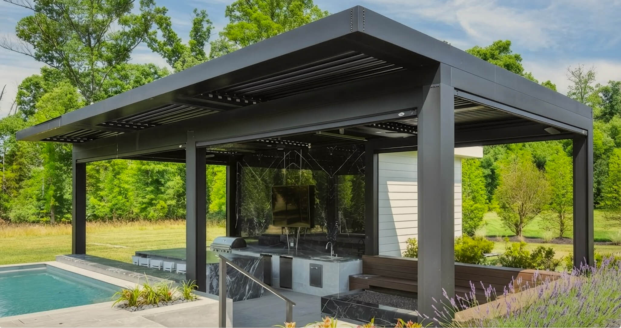 Black Pergola with Background Parallel panel installed