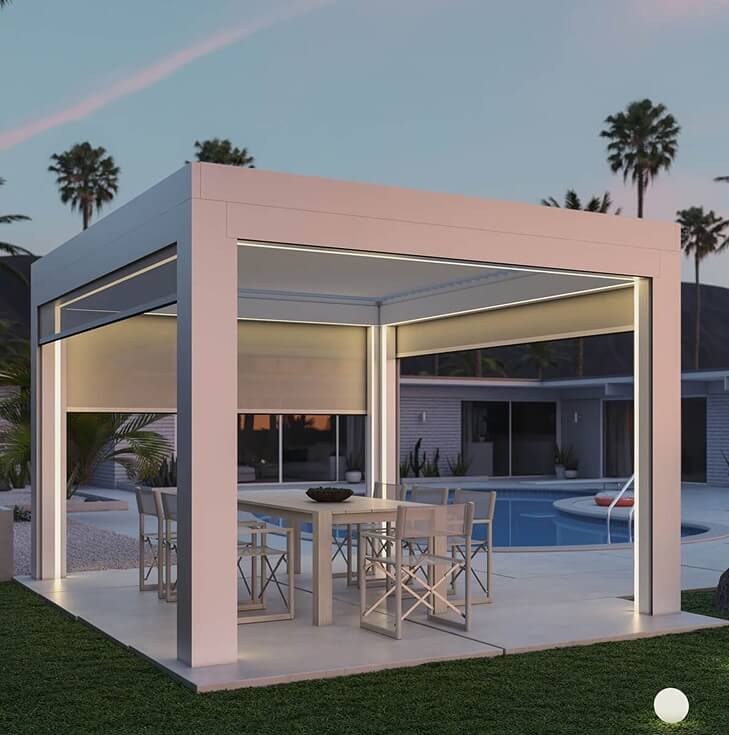 Pergola near pool at sunset.