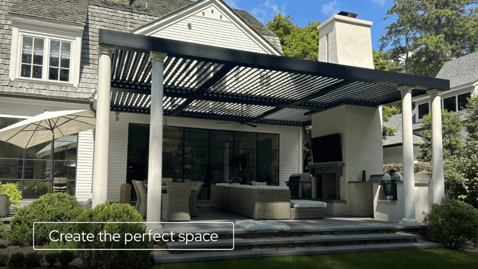 Large pergola covering an outdoor living area with lounge seating, dining space, and fire feature