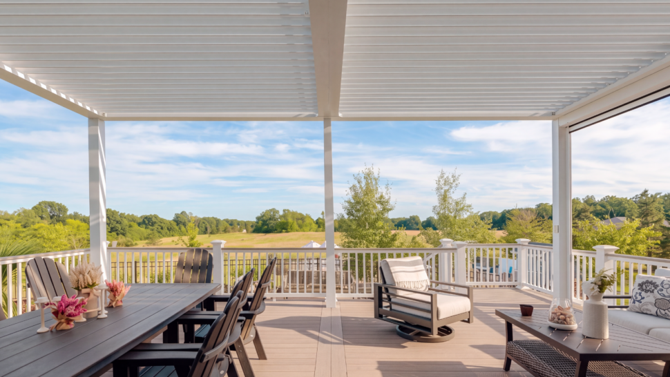 Custom pergola creating a comfortable outdoor living space for dining and relaxation