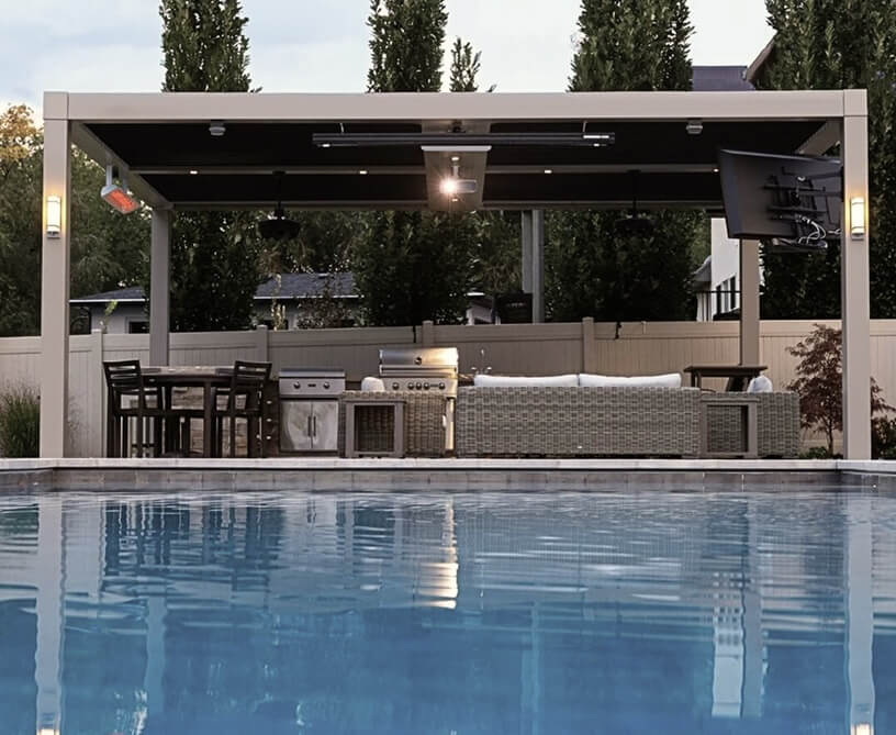 White Pergola X by a pool over sitting area