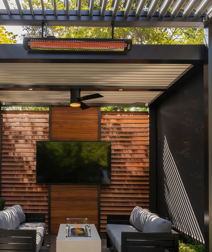 Pergola with background slat wall, installed tv, and fan