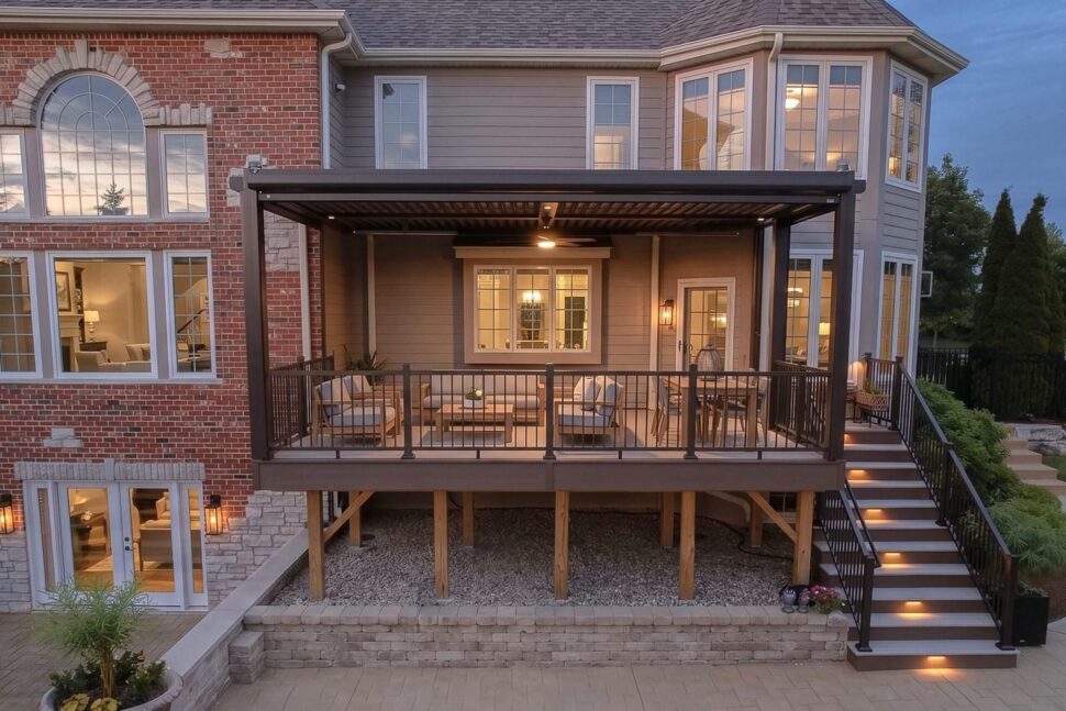 Dark StruXure Pergola X extending over a modern poolside patio and lounge